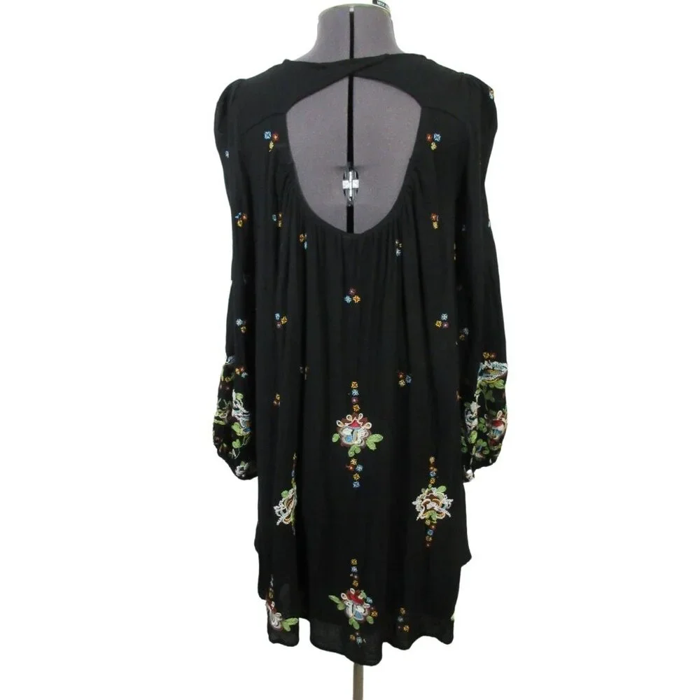 Free People women's Oxford embroidered‎ swing babydoll long sleeve mini dress, S